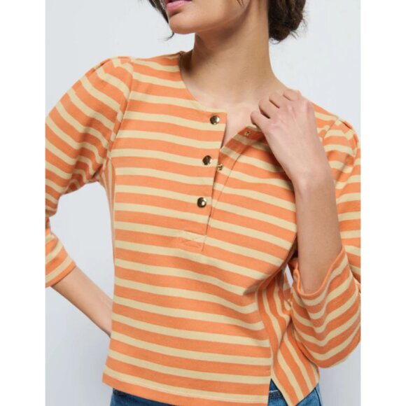 Nation Los Angeles NWT Women's Caramel Prato Stripe JANNEY Henley, Size Medium - Picture 4 of 7